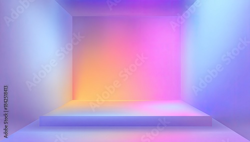 Neon-lit 3D box, vibrant pastel gradient, empty stage or pedestal, soft lighting
