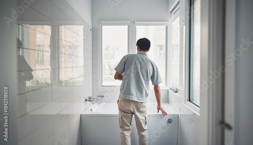 改装中の浴室で確認作業を行う作業員