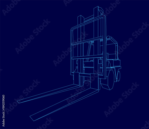 Detailed blueprint of a forklift truck with visible wheels and handlebars. The white contour drawing stands out sharply against the solid blue background.