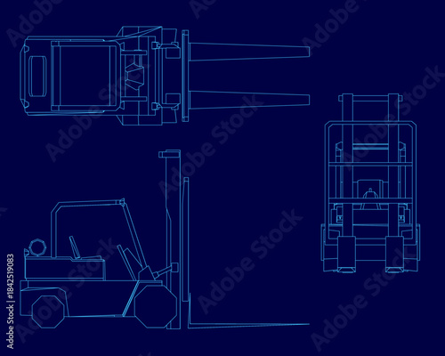 Detailed forklift blueprint on a blue background highlights the vehicle's contour and key components like the cab and lifting mechanism. The white technical drawing contrasts sharply with the solid.
