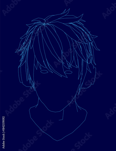 A young man with short hair wears headphones in a minimalist blue line drawing against a dark background.