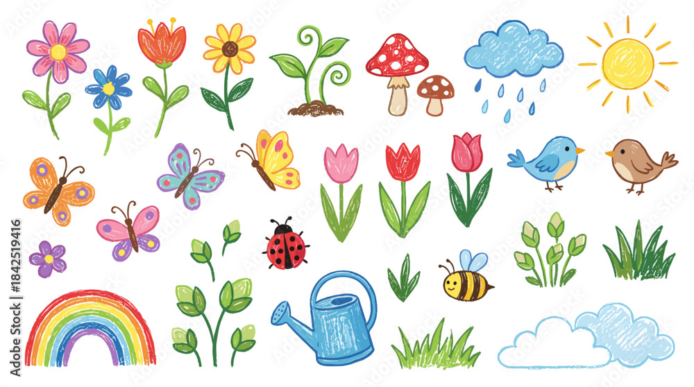 Naklejka premium A vibrant collection of hand-drawn crayon-style illustrations depicting various spring and nature elements like flowers, butterflies, birds, sun, clouds, rainbow, and gardening tools.