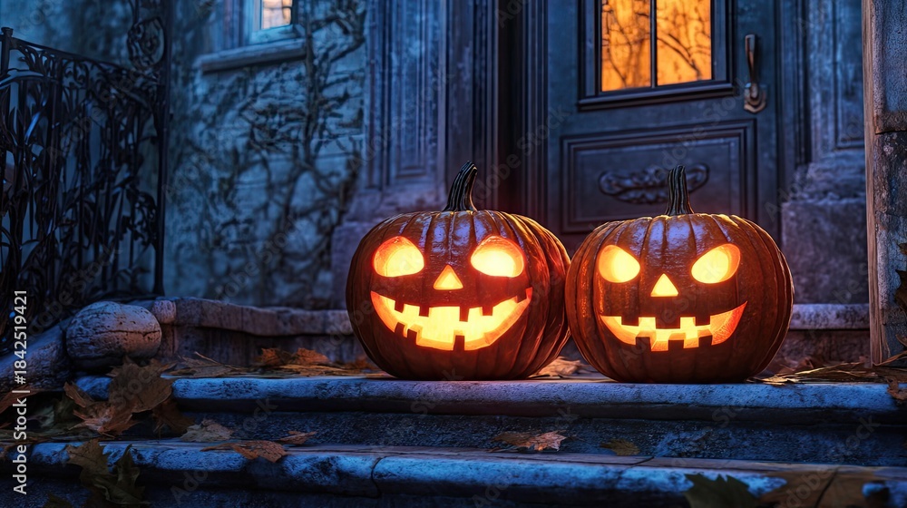 Obraz premium Two glowing carved pumpkins with smiling faces sit on a stone porch at night, lit from within and surrounded by fallen autumn leaves and dim outdoor light. Generative by AI