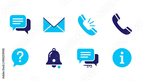 A collection of communication and information icons featuring chat, phone, email, and notification symbols