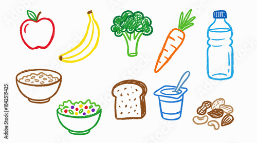 A colorful collection of healthy food items and a bottle of water, depicted in a simple, hand-drawn style.