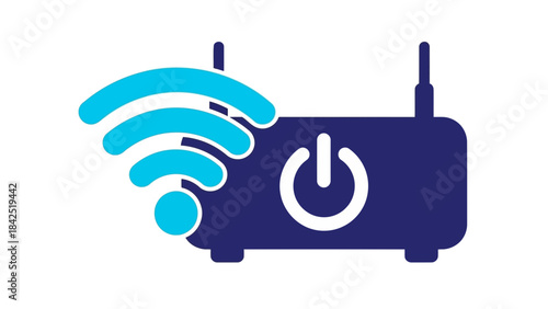 Wi-fi router icon showing wireless signal connection and power button on a white background