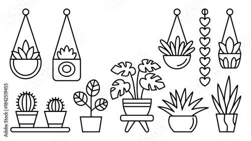 A collection of cute indoor houseplants illustrations in line art style for home decoration