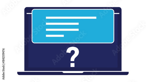 A stylized illustration of a laptop displaying a question mark for technical support and help queries