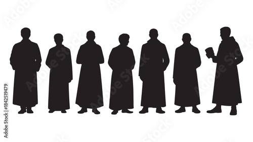 A group of religious figures in robes depicted as black silhouettes