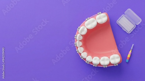 3D dental model with metal braces and cleaning tools on purple