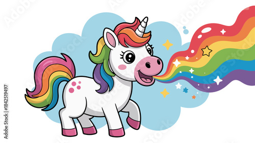 A cute cartoon unicorn character exhaling a colorful magical rainbow stream