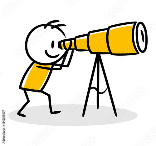 A cartoon stick figure searching for new opportunities or a better future with a large telescope.