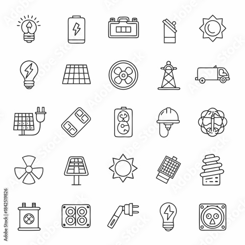 Collection of renewable energy and electricity icons for sustainable power solutions