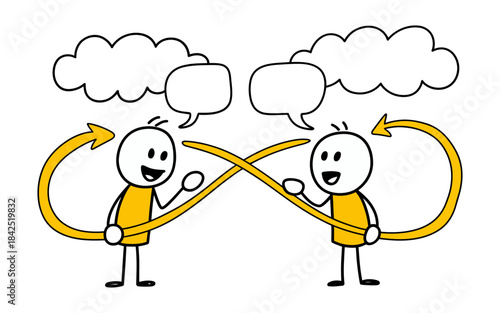 Two stick figures engaged in a continuous feedback loop and communication