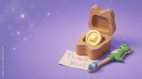 Wooden tooth fairy box with gold coin and dinosaur toothbrush