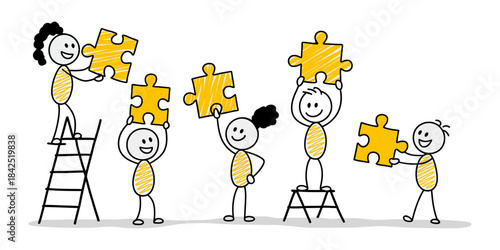 Collaborating stick figures build a puzzle illustrating teamwork concept