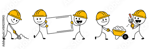 Simple stick figure illustration showing different stages of construction work, including digging and building tasks