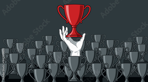 A single white hand emerges from a crowd of trophies to hold up a red trophy, symbolizing achievement and victory.