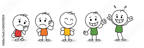 A range of emotions from sad to happy depicted by cartoon stick figures
