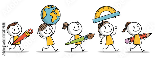 A line of happy cartoon children running with various school supplies like a globe, pencils, and ruler.