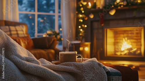 Cozy winter evening by the fireplace with a warm blanket and a mug of hot cocoa in a decorated living room