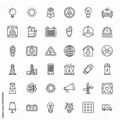 Collection of clean energy and power icons representing renewable resources and technology
