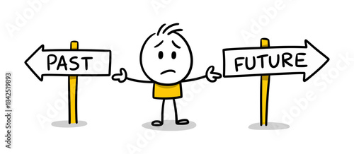 Worried stick figure character at a crossroads between past and future direction signs