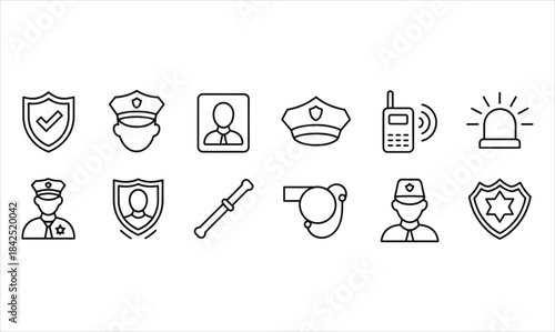 A collection of minimalist line icons representing various elements of law enforcement and security services