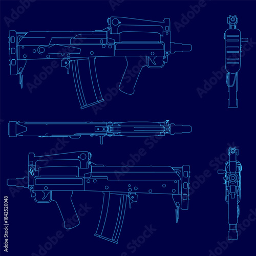 Detailed blueprint of an submachine gun on a blue background, featuring its precise mechanical components and technical contour lines. This schematic set illustrates the rifle's internal assembly.