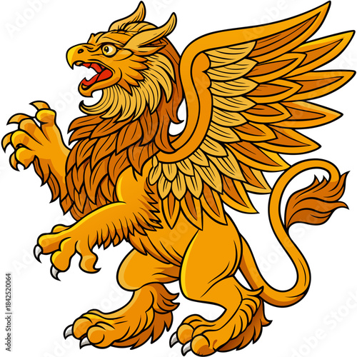 Majestic golden griffin with powerful wings and sharp claws, a mythical creature of legend.