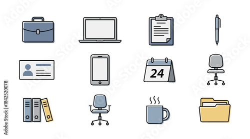 Collection of flat design office and business icons including laptop, briefcase, calendar, and coffee mug on a white background.