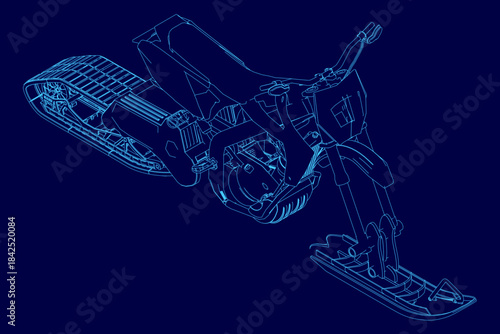 A detailed blueprint of a sleek snowbike motor, emphasizing its powerful engine contour against a stark blue background.