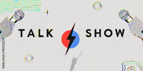 Dynamic talk show graphic with microphones and energetic design elements