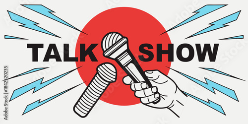 Dynamic illustration of a talk show with microphones and radiating energy waves