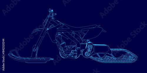 A detailed blueprint of a snowmobile, highlighting its motor, tracks, and mechanical contour against a solid blue background.