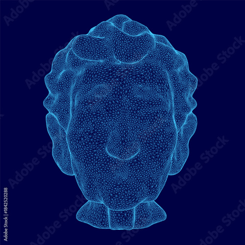 A stylized wireframe granny head features intricate lines and shapes on a solid blue background. This detailed facial representation uses geometric forms for a modern digital aesthetic.