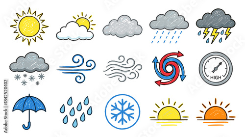 A collection of hand-drawn weather icons representing various meteorological phenomena and conditions.