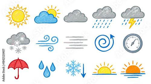 Collection of colorful hand-drawn weather icons and symbols depicting various atmospheric conditions and phenomena.