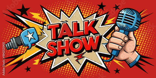 Dynamic illustration of a hand holding a microphone for a lively talk show