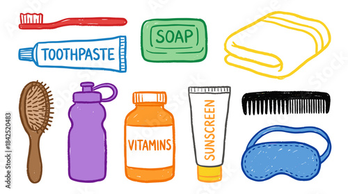 A collection of essential personal hygiene and travel items, including a toothbrush, toothpaste, soap, towels, hairbrush, water bottle, vitamins, sunscreen, comb, and sleep mask.
