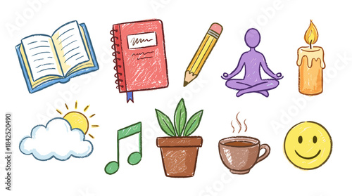 A collection of hand-drawn doodle icons representing self-care, mindfulness, daily routines, and positive well-being activities.