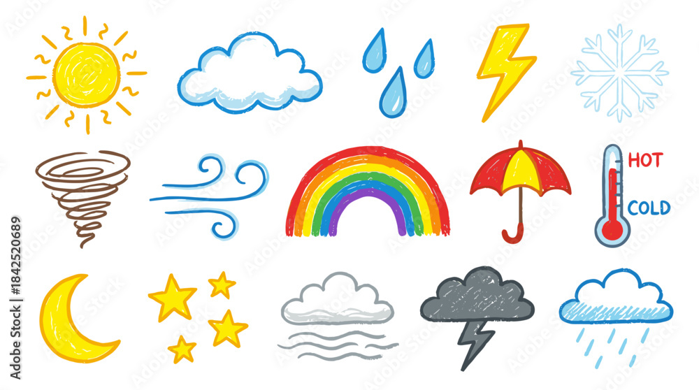 Obraz premium A vibrant collection of hand-drawn weather and sky icons, including sun, clouds, rain, lightning, snow, wind, rainbow, umbrella, thermometer, moon, stars, and fog.