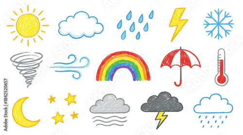 A collection of hand-drawn weather icons including sun, clouds, rain, lightning, snow, wind, rainbow, umbrella, thermometer, moon, stars, and storm.