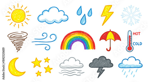 A vibrant collection of hand-drawn weather and sky icons, including sun, clouds, rain, lightning, snow, wind, rainbow, umbrella, thermometer, moon, stars, and fog.