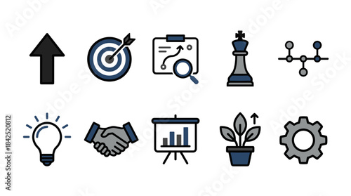 A collection of business-related icons including an upward arrow, target, strategy board, chess piece, network, lightbulb, handshake, presentation, plant, and gear.