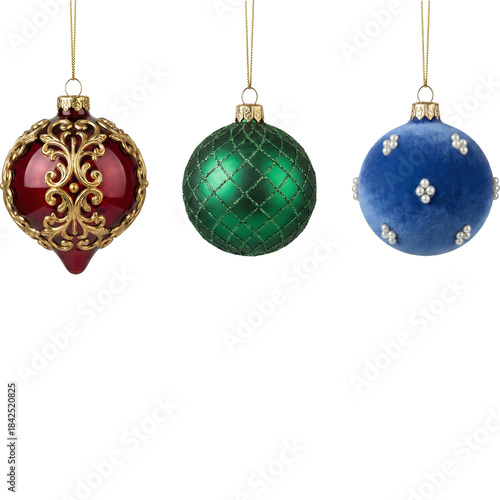 Set of Three Luxury Christmas Ornaments: Red Gold, Green Net, and Blue Velvet Baubles