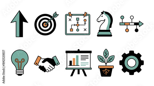 A collection of business-related icons including an upward arrow, target, strategy board, chess piece, timeline, lightbulb, handshake, presentation, plant, and gear.
