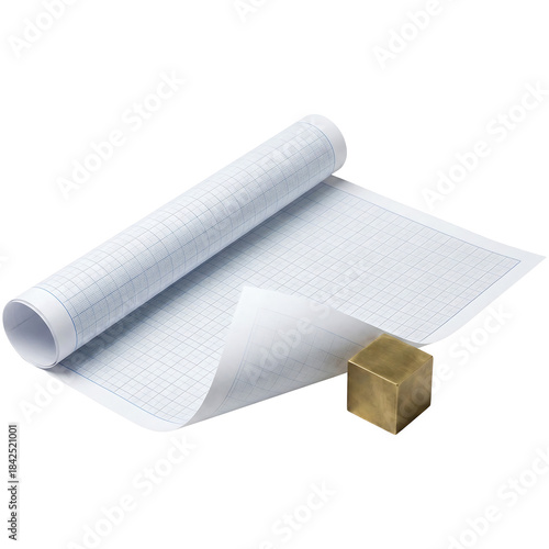 Rolled Graph Paper with Brass Cube for Geometry and Technical Drawing
