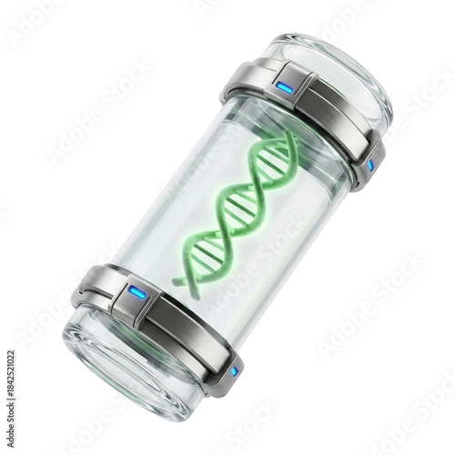 3D Render of Green DNA Helix in Futuristic Test Tube for Genetic Research