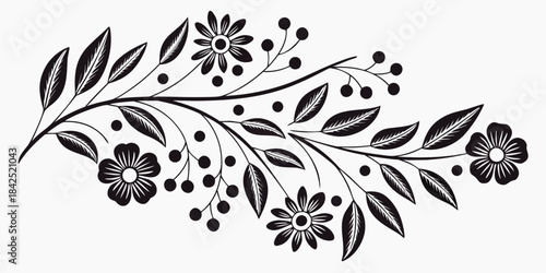 Elegant black floral branch with delicate leaves and berries on a white background.